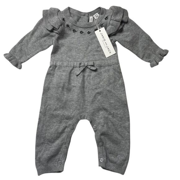 NWT Janie and Jack Grey Floral Ruffle Sweater Jumpsuit One Piece Sz 0-3 Months